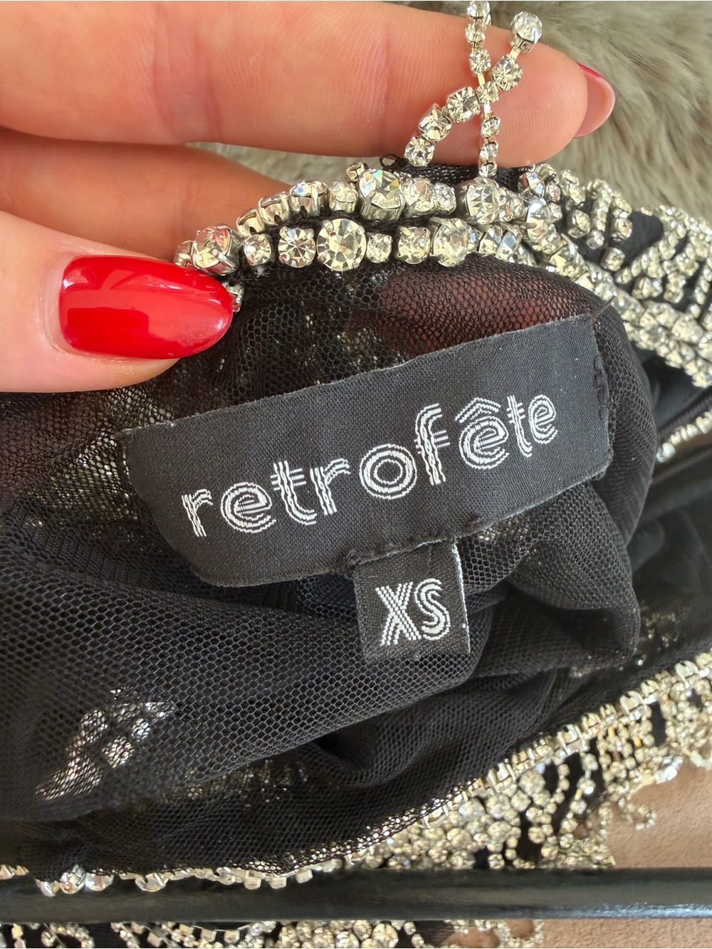 Retrofete Black Mesh Mini Dress with Silver Crystal Embellishment - Picture 7 of 8